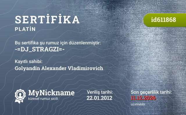 -=DJ_STRAGZI=- rumuzu için sertifika, kayıtlı sahibi: Golyandin Alexander Vladimirovich