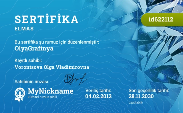 OlyaGrafinya rumuzu için sertifika, kayıtlı sahibi: Vorontsova Olga Vladimirovna