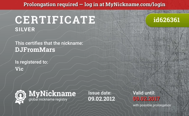 Certificate for nickname DJFromMars is registered to: Vic