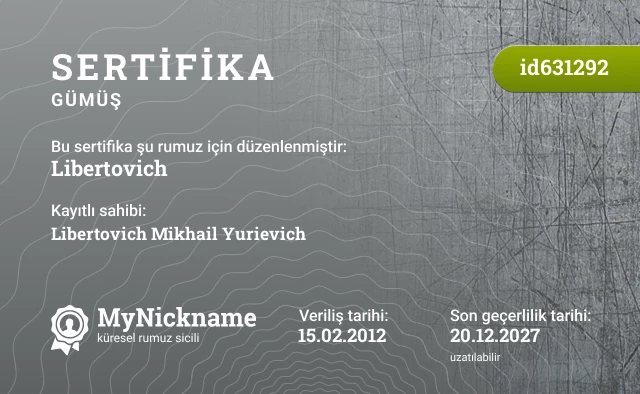 Libertovich rumuzu için sertifika, kayıtlı sahibi: Libertovich Mikhail Yurievich