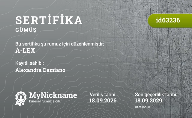 A-LEX rumuzu için sertifika, kayıtlı sahibi: Alexandra Damiano