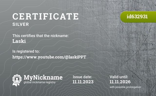 Certificate for nickname Laski, registered to: https://www.youtube.com/@laskiPPT