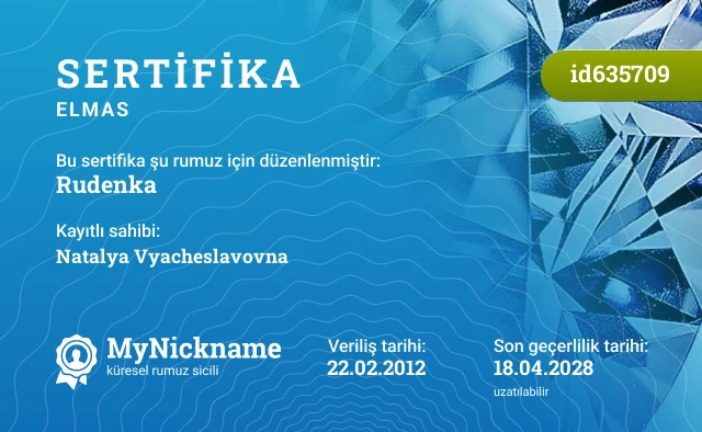Rudenka rumuzu için sertifika, kayıtlı sahibi: Natalya Vyacheslavovna