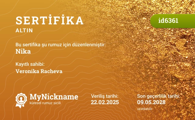 Nika rumuzu için sertifika, kayıtlı sahibi: Veronika Racheva