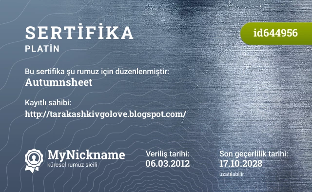 Autumnsheet rumuzu için sertifika, kayıtlı sahibi: http://tarakashkivgolove.blogspot.com/