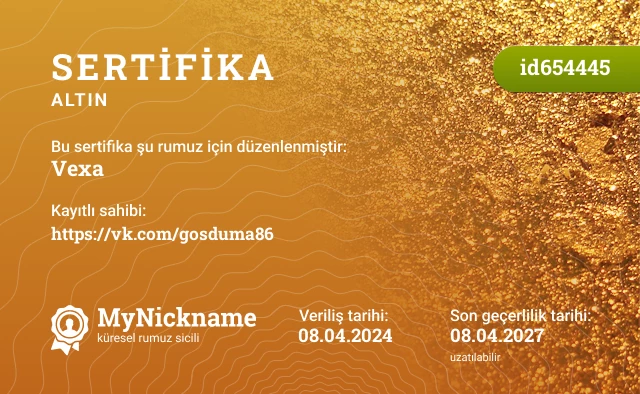 Vexa rumuzu için sertifika, kayıtlı sahibi: https://vk.com/gosduma86