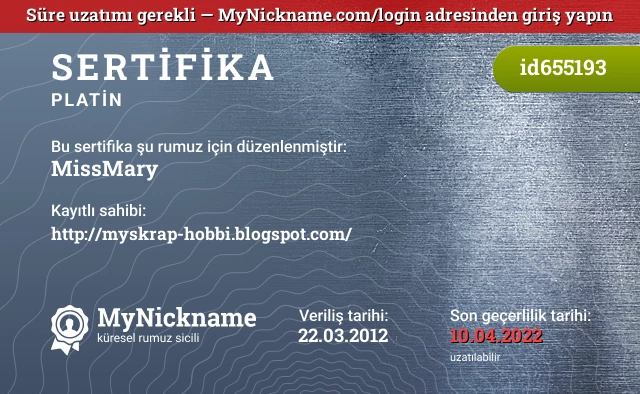 MissMary rumuzu için sertifika, kayıtlı sahibi: http://myskrap-hobbi.blogspot.com/