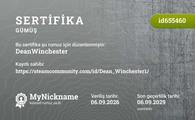 DeanWinchester rumuzu için sertifika, kayıtlı sahibi: https://steamcommunity.com/id/Dean_Winchester1/