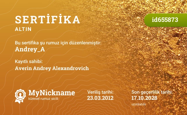 Andrey_A rumuzu için sertifika, kayıtlı sahibi: Averin Andrey Alexandrovich