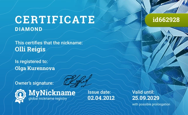 Certificate for nickname Olli Reigis is registered to: Olga Kurennova
