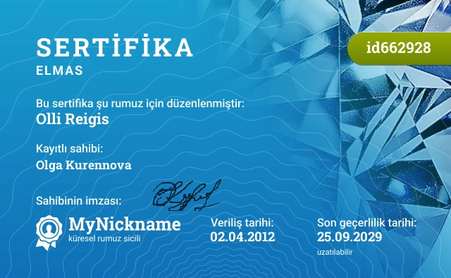 Olli Reigis rumuzu için sertifika, kayıtlı sahibi: Olga Kurennova
