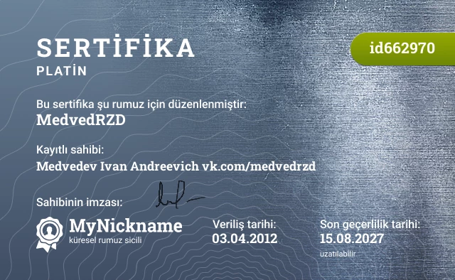 MedvedRZD rumuzu için sertifika, kayıtlı sahibi: Medvedev Ivan Andreevich vk.com/medvedrzd
