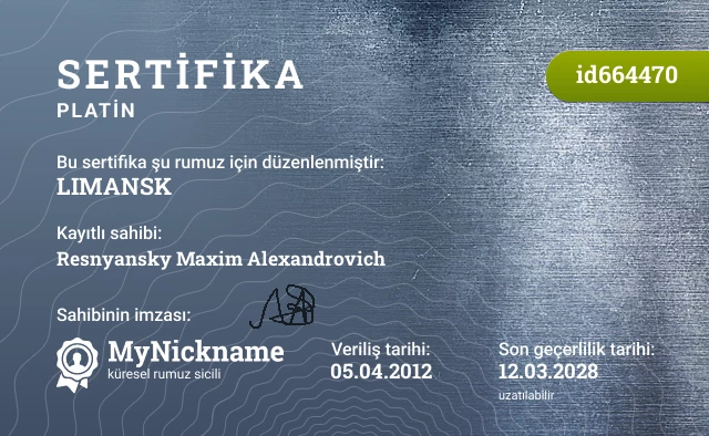 LIMANSK rumuzu için sertifika, kayıtlı sahibi: Resnyansky Maxim Alexandrovich