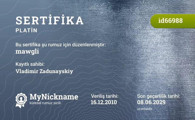 mawgli rumuzu için sertifika, kayıtlı sahibi: Vladimir Zadunayskiy