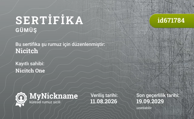 Nicitch rumuzu için sertifika, kayıtlı sahibi: Nicitch One