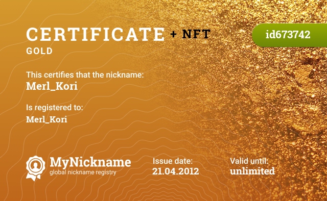 Certificate for nickname Merl_Kori, registered to: Merl_Kori