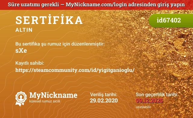 sXe rumuzu için sertifika, kayıtlı sahibi: https://steamcommunity.com/id/yigitganioglu/