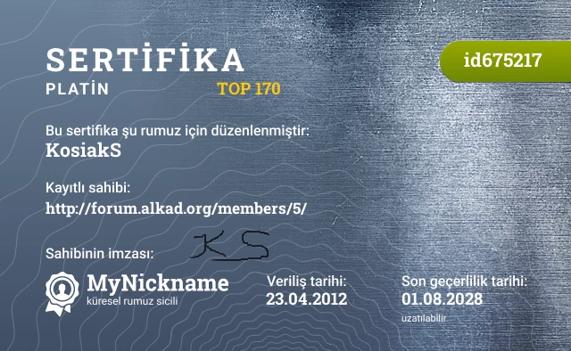 KosiakS rumuzu için sertifika, kayıtlı sahibi: http://forum.alkad.org/members/5/