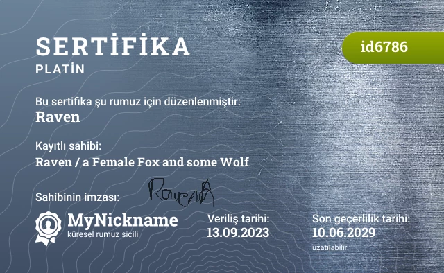 Raven rumuzu için sertifika, kayıtlı sahibi: Raven / a Female Fox and some Wolf