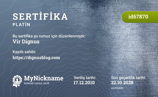 Vir Dignus rumuzu için sertifika, kayıtlı sahibi: https://dignusblog.com