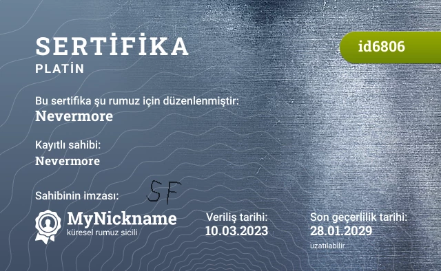 Nevermore rumuzu için sertifika, kayıtlı sahibi: Nevermore