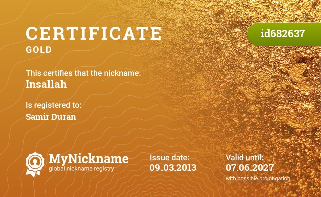 Certificate for nickname Insallah, registered to: Самир Дюран