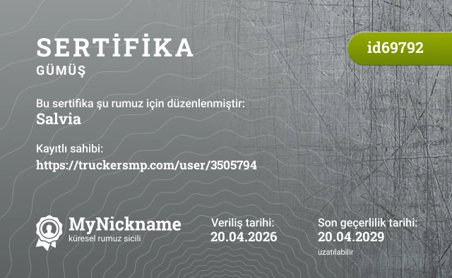 Salvia rumuzu için sertifika, kayıtlı sahibi: https://truckersmp.com/user/3505794