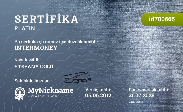 INTERMONEY rumuzu için sertifika, kayıtlı sahibi: STEFANY GOLD