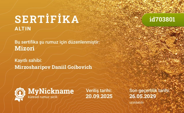 Mizori rumuzu için sertifika, kayıtlı sahibi: Mirzosharipov Daniil Goibovich