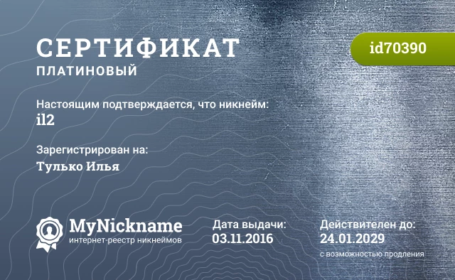 Сертификат на никнейм il2, зарегистрирован на Тулько Илья