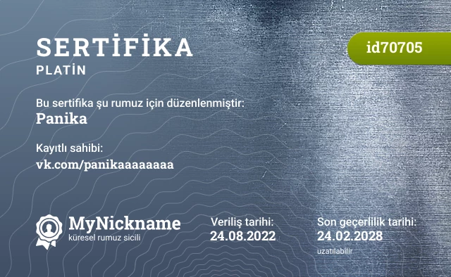 Panika rumuzu için sertifika, kayıtlı sahibi: vk.com/panikaaaaaaaa