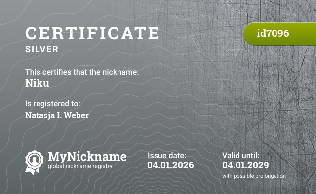 Certificate for nickname Niku, registered to: Natasja I. Weber