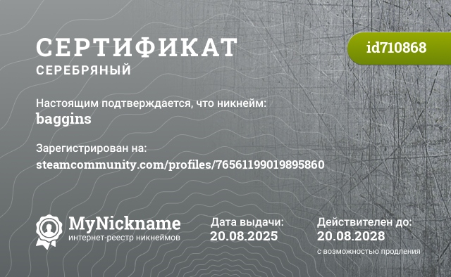 Сертификат на никнейм baggins, зарегистрирован на steamcommunity.com/profiles/76561199019895860