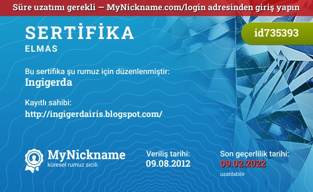 Ingigerda rumuzu için sertifika, kayıtlı sahibi: http://ingigerdairis.blogspot.com/