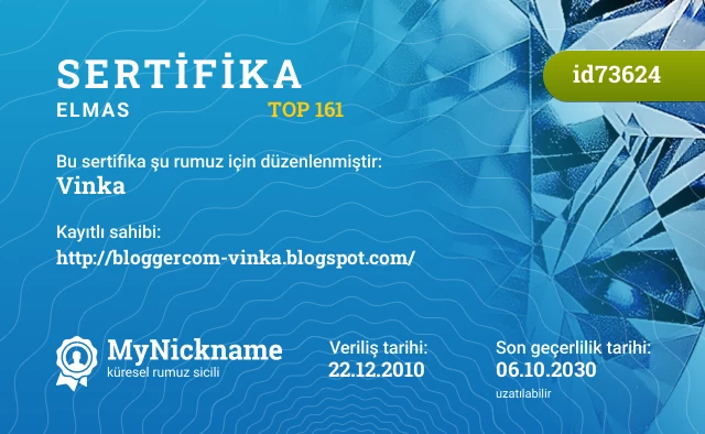Vinka rumuzu için sertifika, kayıtlı sahibi: http://bloggercom-vinka.blogspot.com/