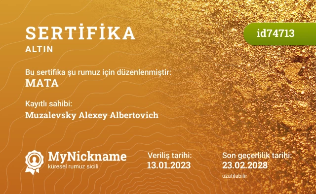 MATA rumuzu için sertifika, kayıtlı sahibi: Muzalevsky Alexey Albertovich
