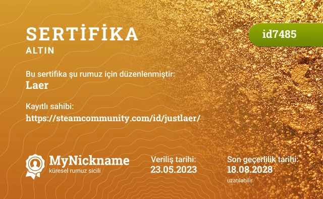 Laer rumuzu için sertifika, kayıtlı sahibi: https://steamcommunity.com/id/justlaer/