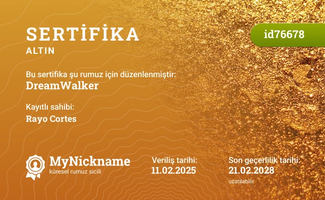 DreamWalker rumuzu için sertifika, kayıtlı sahibi: Rayo Cortes