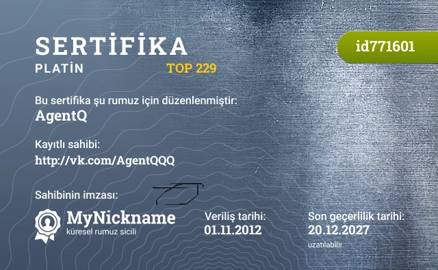 AgentQ rumuzu için sertifika, kayıtlı sahibi: http://vk.com/AgentQQQ