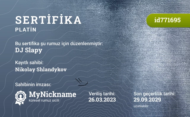 DJ Slapy rumuzu için sertifika, kayıtlı sahibi: Nikolay Shlandykov