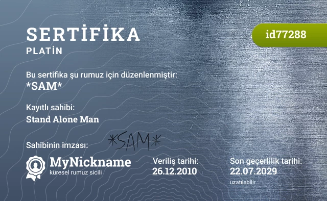 *SAM* rumuzu için sertifika, kayıtlı sahibi: Stand Alone Man