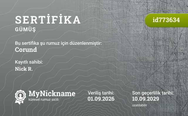 Corund rumuzu için sertifika, kayıtlı sahibi: Nick R.