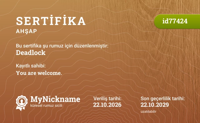 Deadlock rumuzu için sertifika, kayıtlı sahibi: You are welcome.