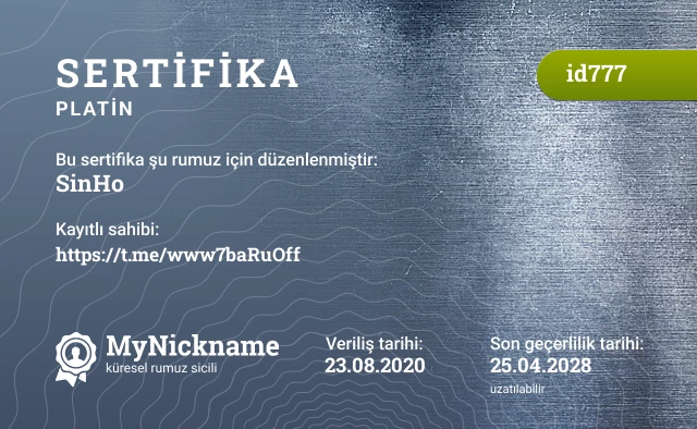 SinHo rumuzu için sertifika, kayıtlı sahibi: https://t.me/www7baRuOff