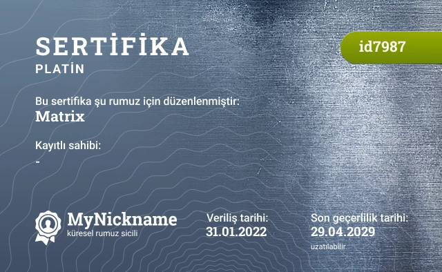 Matrix rumuzu için sertifika, kayıtlı sahibi: -