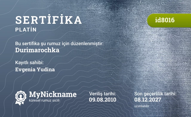 Durimarochka rumuzu için sertifika, kayıtlı sahibi: Evgenia Yudina