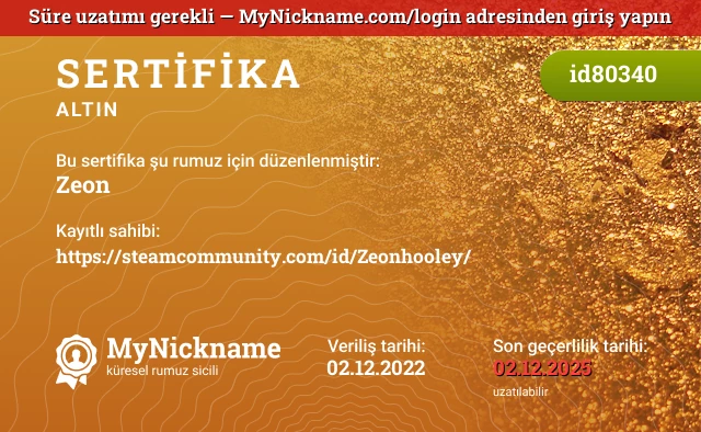 Zeon rumuzu için sertifika, kayıtlı sahibi: https://steamcommunity.com/id/Zeonhooley/