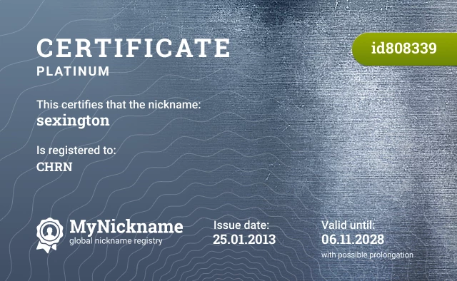 Certificate for nickname sexington is registered to: CHRN