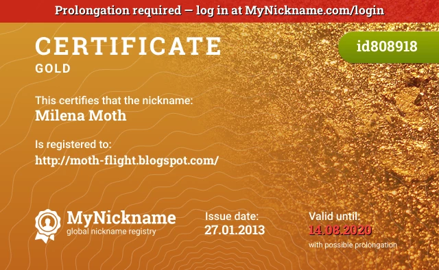 Certificate for nickname Milena Moth is registered to: http://moth-flight.blogspot.com/