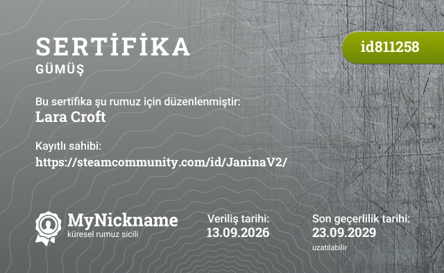 Lara Croft rumuzu için sertifika, kayıtlı sahibi: https://steamcommunity.com/id/JaninaV2/